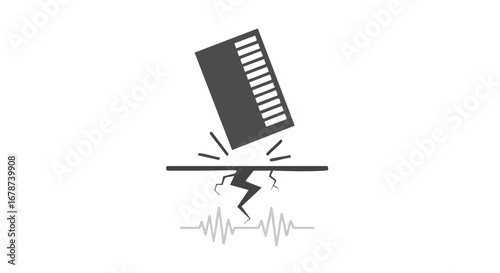 Stylized seismic activity visualization depicting ground fracture with electronic device impact, revealing a pulse graph depicting the vibration 55