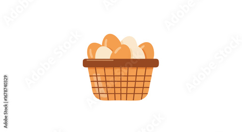 Stylized depiction of a woven basket brimming with fresh eggs, ideal for food illustrations or springtime holiday graphics with its simple design