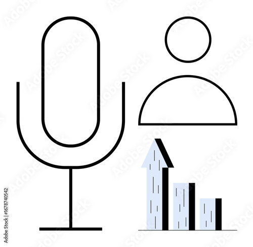 Microphone, user profile, and growth chart symbolizing content creation, voice recognition, and performance analytics. Ideal for podcasts, media, statistics, marketing streaming business simple