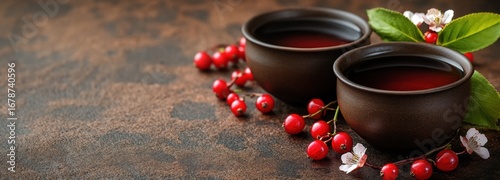 Rustic tea-drinking experience with freshly brewed clay cups surrounded by berries and leaves
