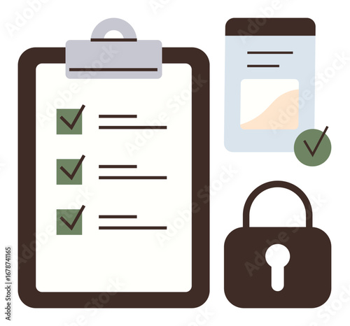 Checklist with marked tasks, form with checkmark, and padlock symbolizing organization, productivity, and security. Ideal for management, data protection, authentication, compliance privacy