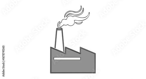 Minimalist factory icon with smoke emissions, reflecting industrial design and pollution themes through simple line work and muted greyscale tones