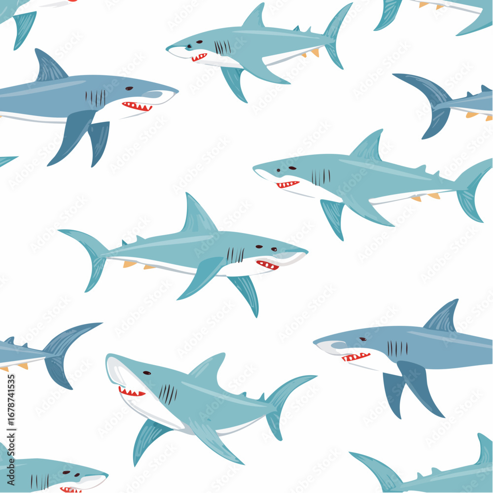 Obraz premium Shark seamless pattern. Hand-drawn vector sharks repeat pattern background.