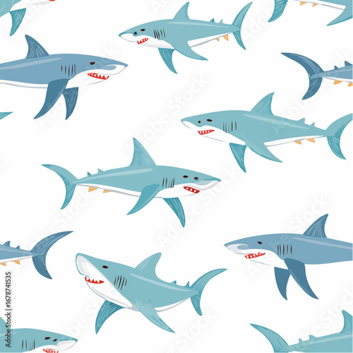 Shark seamless pattern. Hand-drawn vector sharks repeat pattern background.