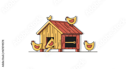 Whimsical Cartoon Chicken Coop Illustration with Playful Fowls and Warm Rustic Colors in a Simplistic Style