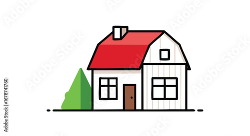 Whimsical house illustration with bright red roof offering a blend of comfort and architectural simplicity in a child-like drawing style