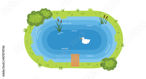 Serene pond scene featuring a duck swimming peacefully surrounded by natural beauty and a small wooden dock, inviting tranquility and reflection