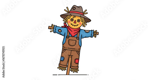 Cartoon scarecrow with hat, overalls and handkerchief, standing tall in autumn fields, a symbol of harvest and autumnal joy for seasonal designs