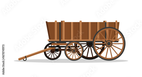 Detailed depiction of a classic wooden farm cart highlighting its intricate wheel and robust wooden frame design, suitable for historical or rural