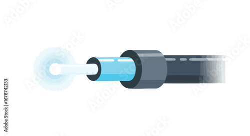 Illustration showcasing light transmitting through an optical fiber cable with detailed blue and grey components conveying high-speed data