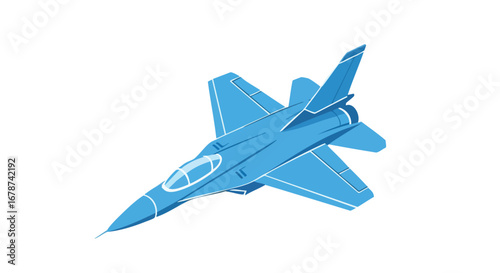 Modern illustration of a light blue fighter jet soaring against a bright white background showcasing speed and technological prowess