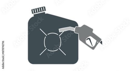 Illustration depicting a fuel canister being filled with a gas pump nozzle showcasing themes of energy and fuel supply, isolated on a white backdrop