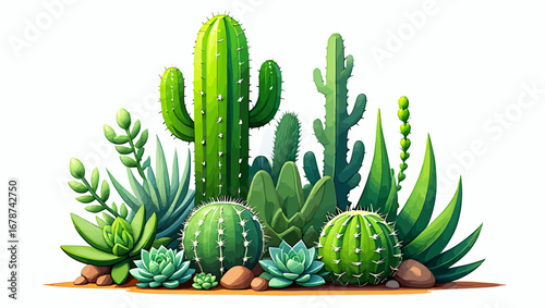 Vibrant desert oasis collection of lush green cacti and succulent plants illustration