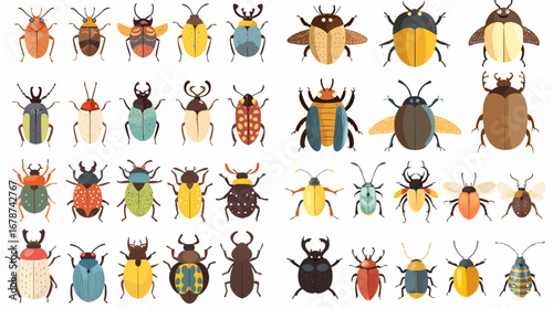 Diverse Beetles: A vibrant collection of meticulously designed beetle illustrations showcasing a multitude of species, shapes, and sizes, set against a pristine backdrop.