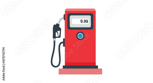 Stylized vector illustration of a vibrant red gas pump with a black nozzle against a clean white background showcasing fuel costs