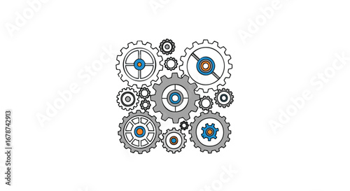 Abstract mechanical gears arrangement on white canvas depicting industrial processes and complex relationships illustration