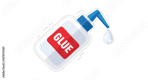 Whimsical illustration of a glue bottle with a red label featuring an adhesive drop ready to fasten items effectively for arts and crafts projects