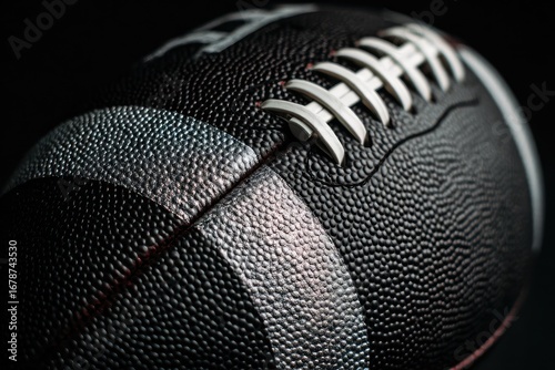 Close-up of a dark-colored American football with white laces and subtle gray markings against a stark black background, showcasing its textured leather surface