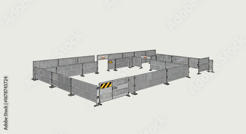 Metal Construction Barrier Fence with Gate and Signs.