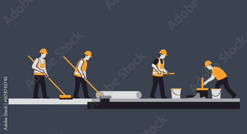 Construction Workers Performing Road Paving and Painting Tasks.