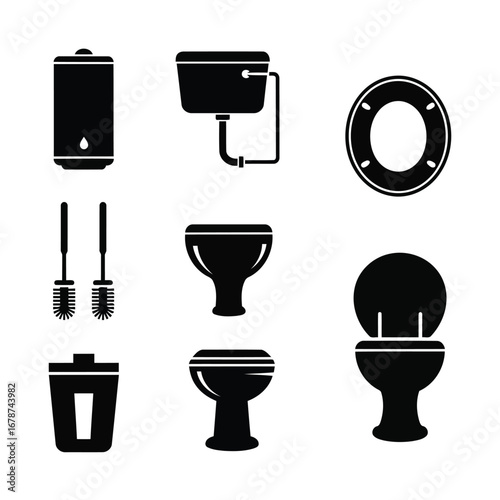 Black silhouette icons of bathroom fixtures and toilet equipment set