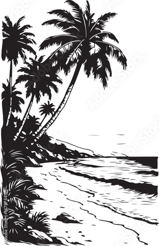 palm trees on the beach engraving outline vector art illustration design, palm tree silhouette, hand drawn beach drawing, line art palm tree, sea, beach, summer view, vintage palm tree on sea beach.