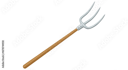 Illustration of a three-pronged pitchfork, showcasing its usage in agriculture or gardening, tool for farm, isolated against white backdrop background
