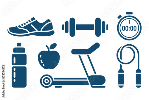 Fitness Icons: A collection of streamlined, ultramarine icons of gym equipment and healthy food, perfect for fitness-related websites and print media.