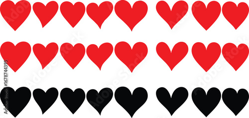 Rows of red and black heart shapes arranged on a white background, symbolizing love and affection.