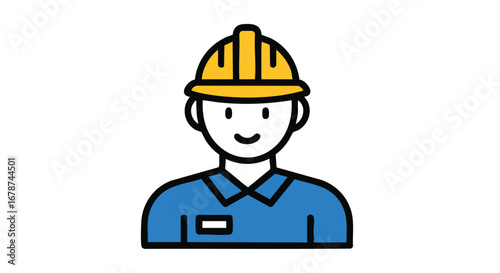 Illustrated construction worker with cheerful expression wearing yellow hard hat and blue work uniform, flat design style vector art