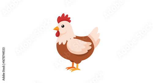 Cartoon chicken illustration with a white background offering a whimsical and playful depiction of farm life and animal themes