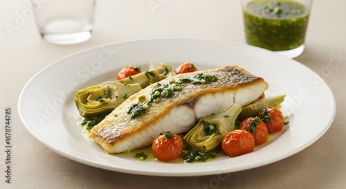 Cooked White Fish Fillet with Cherry Tomatoes and Artichoke on Plate