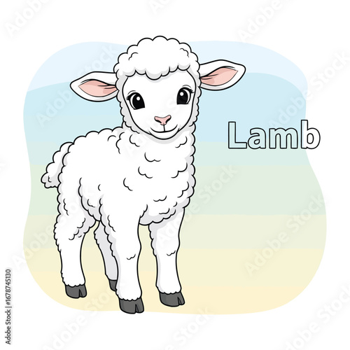 Cute cartoon lamb illustration. Adorable fluffy baby sheep character standing on a soft background.