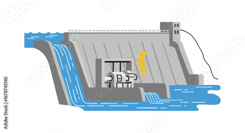 Stylized Hydropower Dam Illustration Showcasing Renewable Energy Generation and Sustainable Power Source