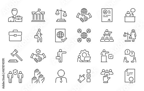 Diplomacy web icons in line style. Political, ambassador, doplomat, consulate, government, collection. Vector illustration.