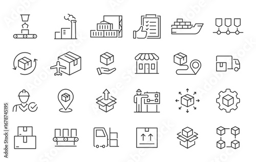Supply Chain web icons in line style. Logistic, delivery, business, industry, management, commerce, analysis, procurement ,collection. Vector illustration.