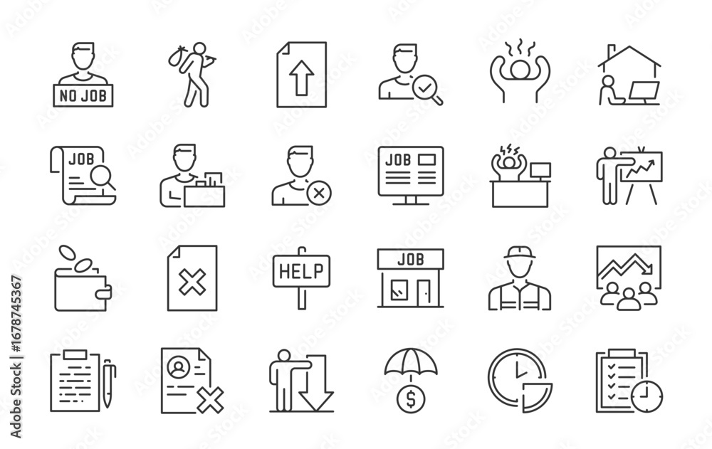 Fototapeta premium Jobless or Unemployment web icons in line style. Retirement, firing, laid off, rejected, stress, bankruptcy, inflation, collection. Vector illustration.