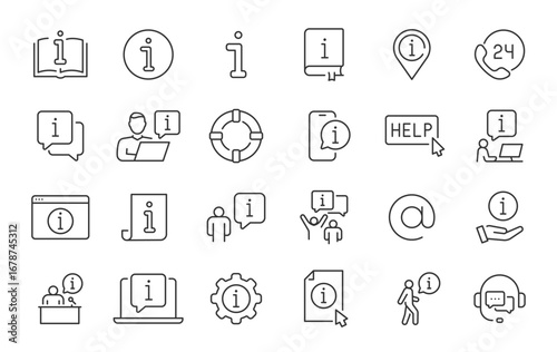 WebInfo web icons in line style. Information, manual, online help, info center, instruction, rules, collection. Vector illustration.
