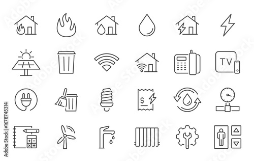 Public utilities web icons in line style. Rent receipt, electricity, water, gas, garage, heating, collection. Vector illustration.