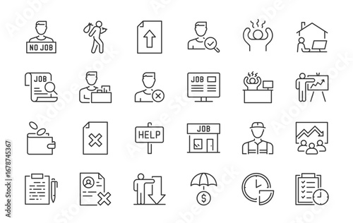 Jobless or Unemployment web icons in line style. Retirement, firing, laid off, rejected, stress, bankruptcy, inflation, collection. Vector illustration.
