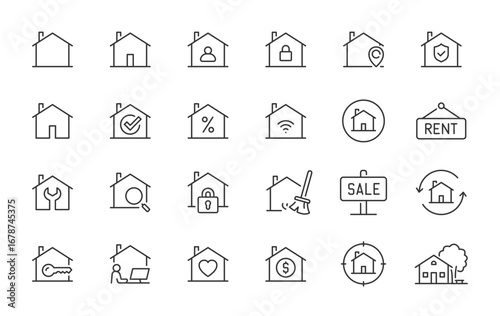 Home web icons in line style. Homepage, house, location, rent, for sale, property, cleaning, key, collection. Vector illustration.