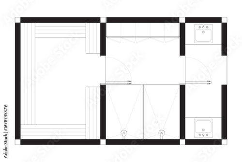 Architectural Top View Detailed Sauna and Bathroom Floor Plan. 2