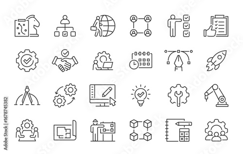 Project web icons in line style. Management, strategy, plan, startup, business, idea, timing, collection. Vector illustration.