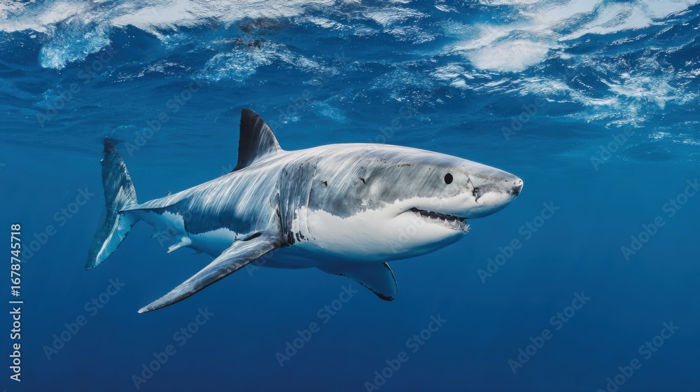 Naklejka premium Majestic Shark Swimming Gracefully in Clear Ocean Waters