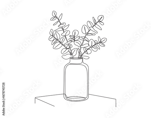 A single continuous line illustration of an eucalyptus plant in a vase placed on a table