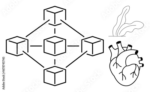 Interconnected cubes forming a blockchain network, anatomical heart, and plant leaves. Ideal for technology, healthcare, sustainability, innovation, medical science, nature and ethical technology