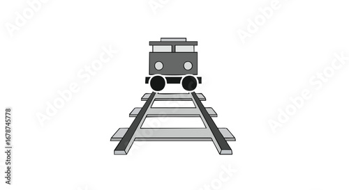 Stylized illustration of a locomotive approaching on railway tracks, presented in a simplistic and graphical style showcasing linear perspective