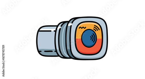 Abstract illustration of a modern digital camera with colorful elements on a white background providing a whimsical and cartoonish representation
