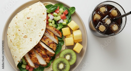 Delicious and Nutritious Grilled Chicken Wrap Meal, Featuring Fresh Salad with Kiwi and Cheese Cubes, Paired with a Refreshing Iced Beverage