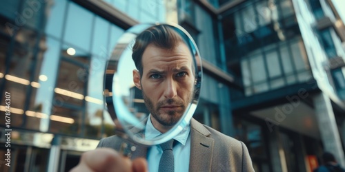 Businessman looking through a magnifying glass, searching, monitoring the situation, Generative AI.